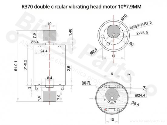 Trilling/vibratie motor Type 370 6V 6000rpm dubbel rond
